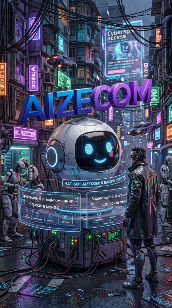 Чат-бот AIZECOM в неоновом городе